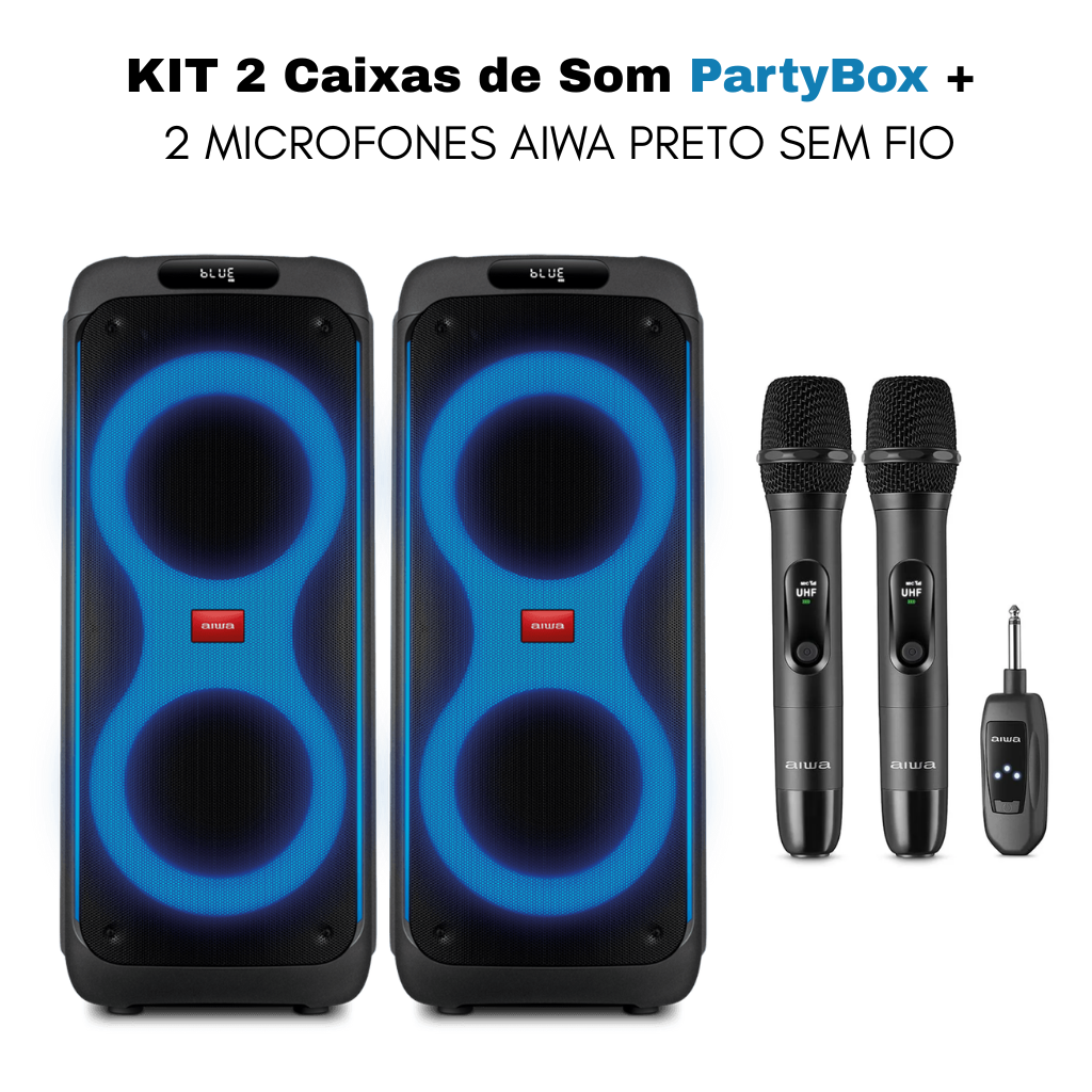 KIT 2 Caixas de Som PartyBox + 2 MICROFONES AIWA PRETO SEM FIO